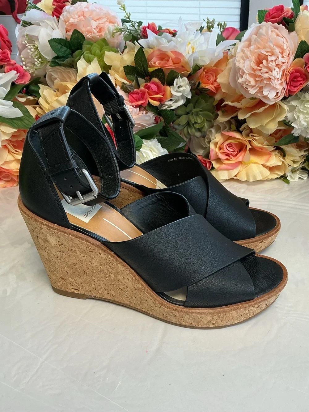 💕👡👠💕 Dolce Vita Black Cork Wedge Sandals Ankle Strap Women’s Size 7.5